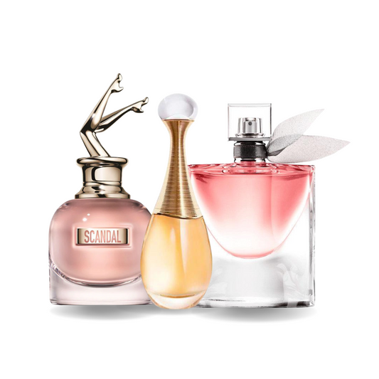 Pack de 3 Parfums Jean Paul Gaultier SCANDAL, Dior J'ADORE et Lancôme LA VIE EST BELLE (Eau de Parfum)